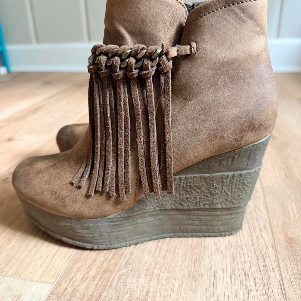 Brown Fringe Wedge Ankle Boots Boho Western Platform Booties Size 7.5